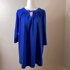 𝅺woman Within blue top 3/4 length sleeves ties at neck tunic length size medium